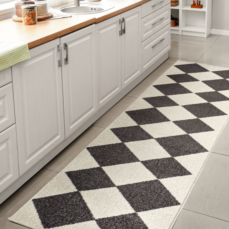 Tapis blanc / gris foncé à motif géométrique Utgard, Tapis de couloir 2 pi x 8 pi