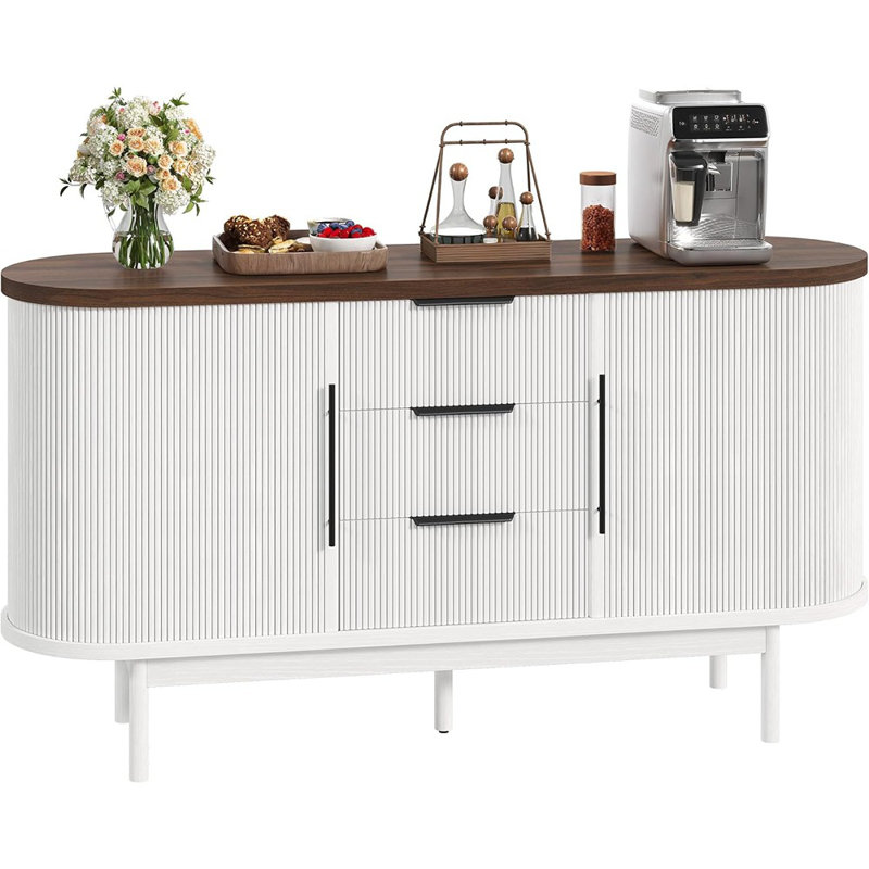 Buffet à panneau cannelé avec rangement - Console 55 "à bord arrondi avec 3 tiroirs, porte coulissante et tablette réglable, blanc et brun