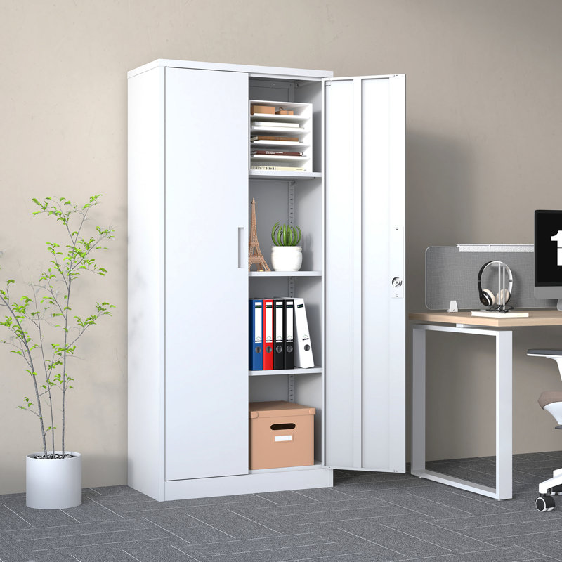 Armoire de rangement en métal 71 po H, armoire verrouillable en acier à outils blanc avec portes et 3 tablettes réglables, armoires hautes pour systèmes de rangement de garage