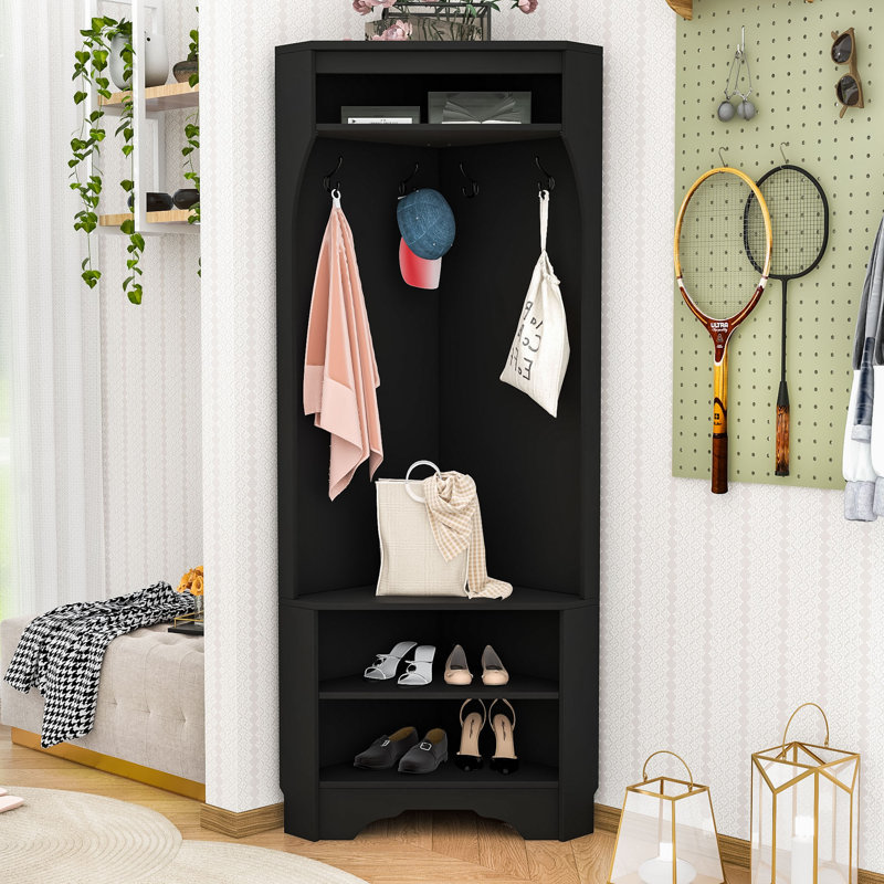 Minimalist Corner Hall Tree with Adjustable Shoe Shelf, Hanging Hooks, Black