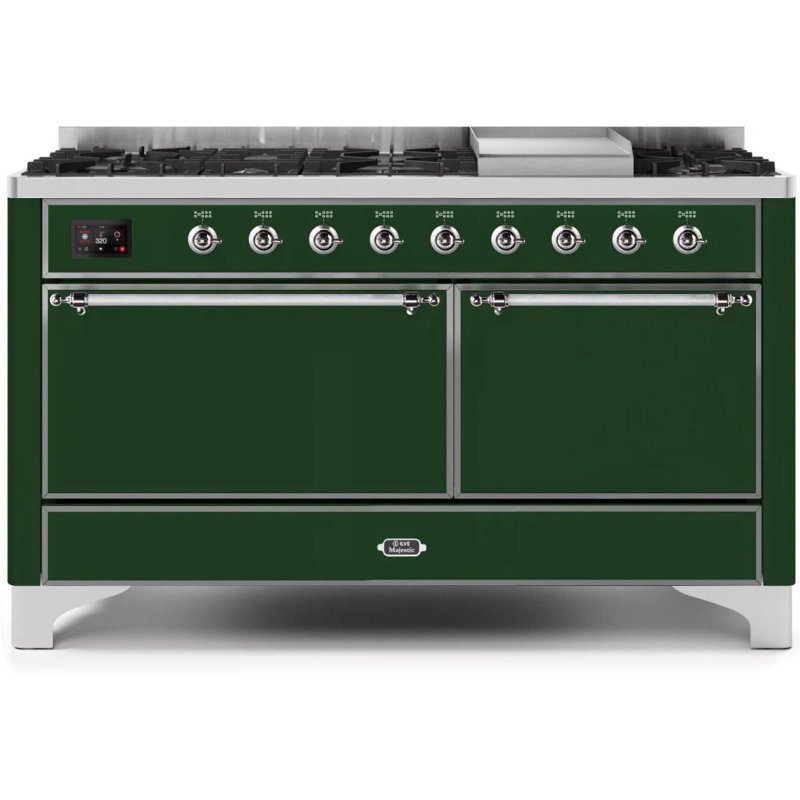 ILVE UM15FDQNS3BKCLP Majestic II 60 inch Dual Fuel Range with 9 Burners, Griddle (Liquid Propane, Solid Door, Glossy Black, Chrome)