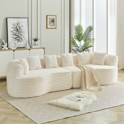 Canapé modulaire incurvé surdimensionné à 4 places de 111,5 pouces avec mousse à mémoire de forme luxueuse et 6 coussins, velours côtelé blanc