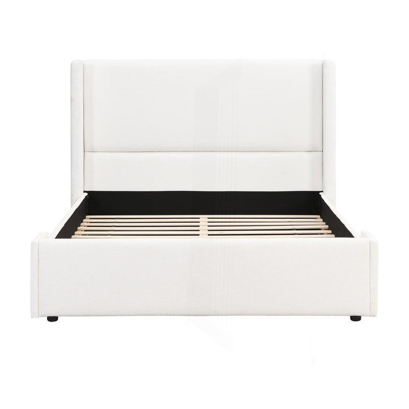 Élégant lit tapissier en tissu blanc avec tête de lit haute, blanc, grand, Grand lit