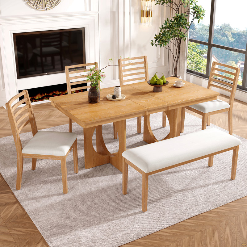 Ensemble de salle à manger extensible en bois pour table rectangulaire de 6,60 à 72 pouces avec rallonge amovible, 4 chaises à dossier échelle et banc rembourré de 48 pouces, mobilier complet pour cuisine et salle à manger (bois naturel délavé + beige)