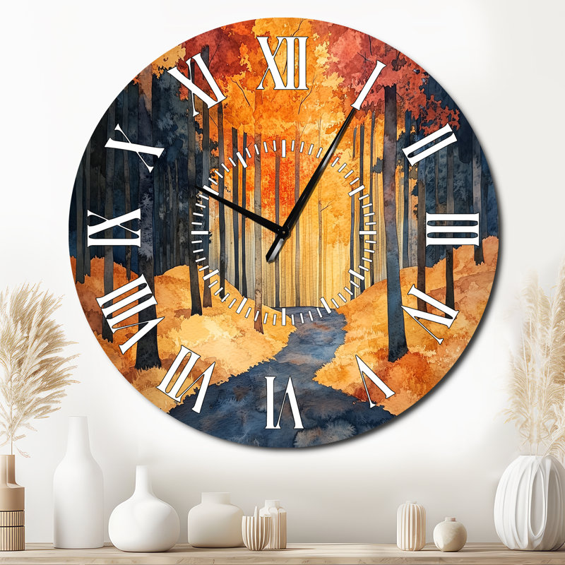 Horloge murale en métal Nature - Heure dorée sur un sentier forestier, Surdimensionné