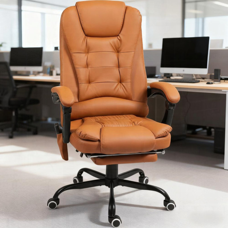 Fauteuil de bureau massant avec soutien lombaire à haut dossier et repose-pieds, Blanc, crème