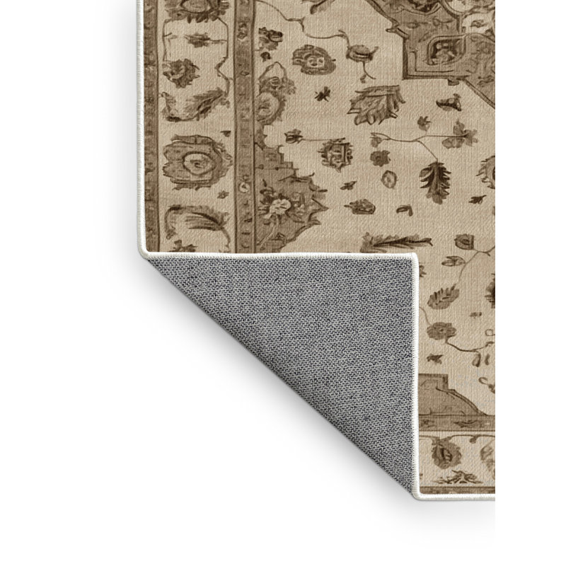 Machine Washable Tabriz Beige Area Rug, Round 4'