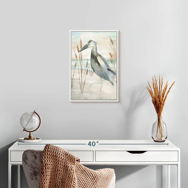 Héron par l'herbe de plage II, Cadre flottant blanc, 13" x 19"