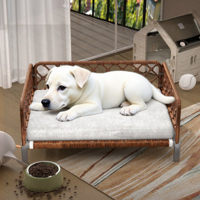 Outdoor Wicker Dog Bed, Handwoven Brown Rattan Dog Sofa With Detachable White Cushion, Classic Bohemian Pet Bed, Machine-Washable