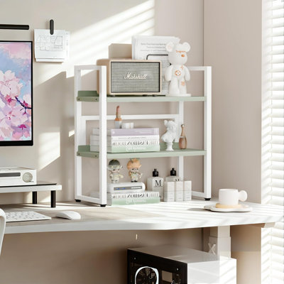 Desk Shelf Organizer, Adjustable 2 Tier Metal Desktop Shelves, Desktop Bookshelf Organization With Foot Mat, Multi-Functional Small Storage Rack For Office Dorm Home, White And Green