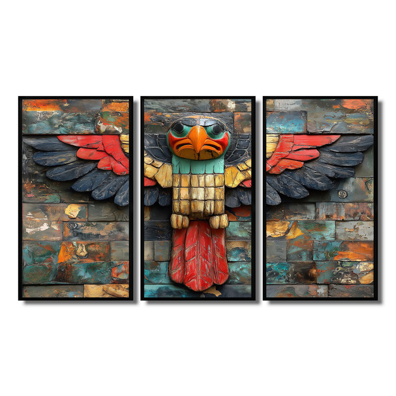 Red Thunderbird Native Totem IV - Art amérindien Totem, ensemble d'art mural, Toile argentée avec cadre flottant