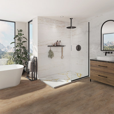 Receveur de douche recoupable 30-32 po x 32 po, couleur Calacatta Gold, avec 4 brides amovibles