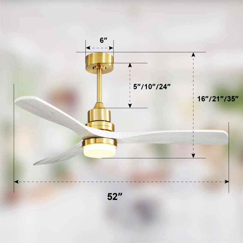 52 Inch White and Gold Ceiling Fan with Solid Wood Blades and Remote