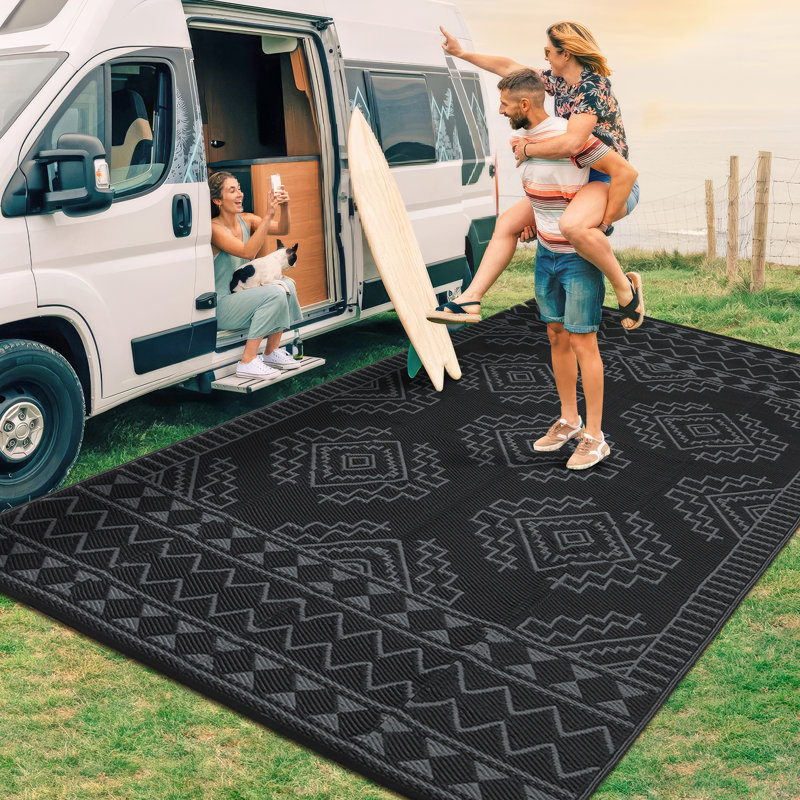 Outdoor Rugs 8x10 Waterproof Reversible Plastic Straw Rug Boho Outdoor Camping Carpet RV Mat Outside for Patio Picnic Balcony Deck Backyard Black/Grey