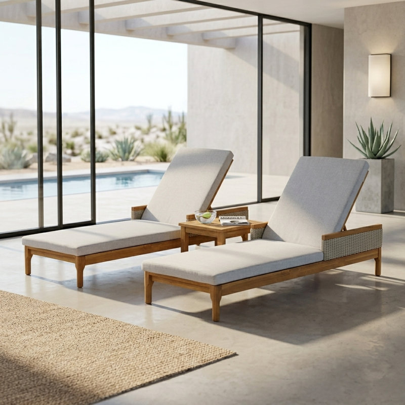 Ensemble de 2 chaises longues d'extérieur en bois d'acacia de 76,8 po avec dossier réglable à 4 positions et coussins imperméables - Ensemble de chaises longues Coastal Modern