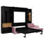 Grand lit intelligent avec grand, rangement et lumières montées sur le dessus, noir et rose pour les espaces multifonctionnels avec tablettes ouvertes, double bureau personnel