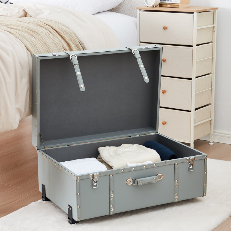Texture Wheeled Trunk Footlocker with Storage, Charcoal Gray