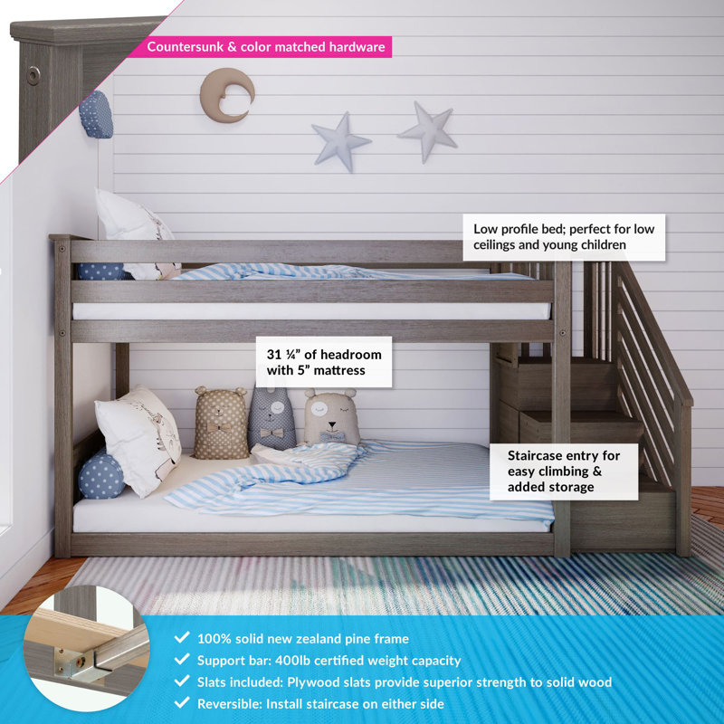 Aileana Twin Over Twin Solid Wood Low Bunk Bed with Stairs, Clay