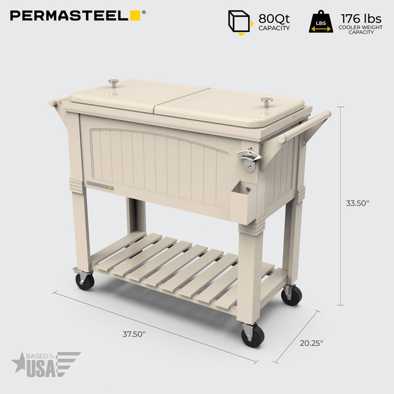 Permasteel 80 Qt. Furniture Style Rolling Patio Cooler, Cream, Without Divider