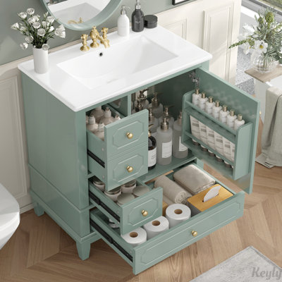 Meuble-lavabo 30 po en bois massif avec lavabo, porte à fermeture douce, 3 tiroirs