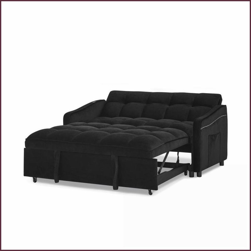 Canapé-lit Mid-Century en velours avec dossier réglable de 47 po, USB / Type-C, canapé-lit pour petits espaces | Noir | Velours | Accoudoirs carrés