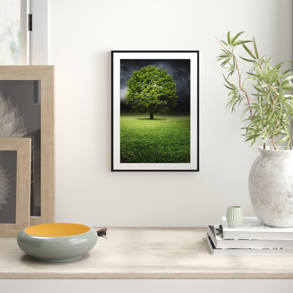 Gerahmtes Poster Einzelner Baum auf grüner Wiese