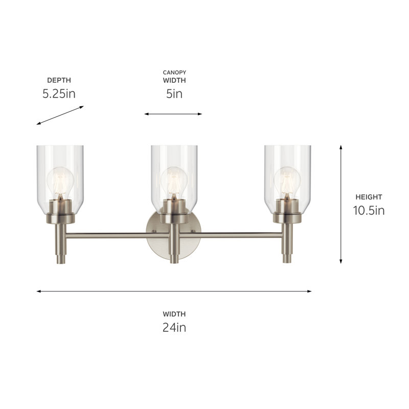 Applique murale Clairessa à 3 lumières en nickel brossé avec abat-jour en verre transparent, Nickel brossé