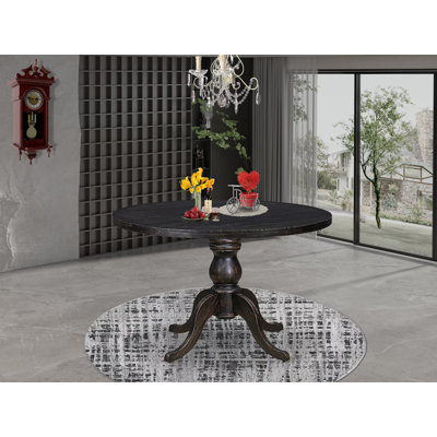 A Wooden table with a Round Tabletop and Stylish Pedestal, Sand Blasted Black Finish.