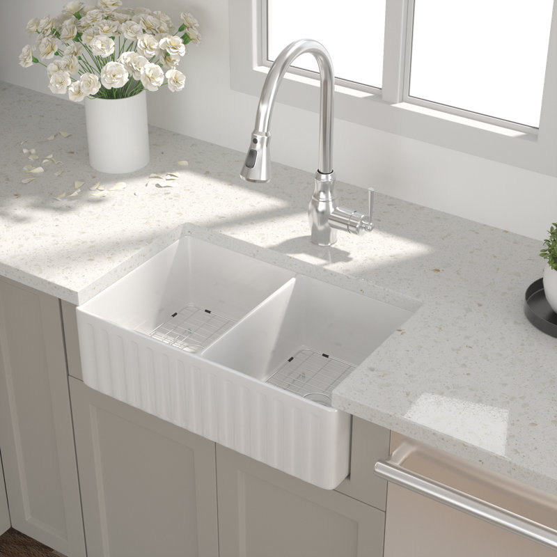 33" L X 20" W Ceramic Double Bowl Reversible Farmhouse Kitchen Sink