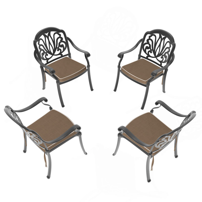 Chaise de patio en fonte d'aluminium 4 pièces avec structure noire et coussins bruns, 4