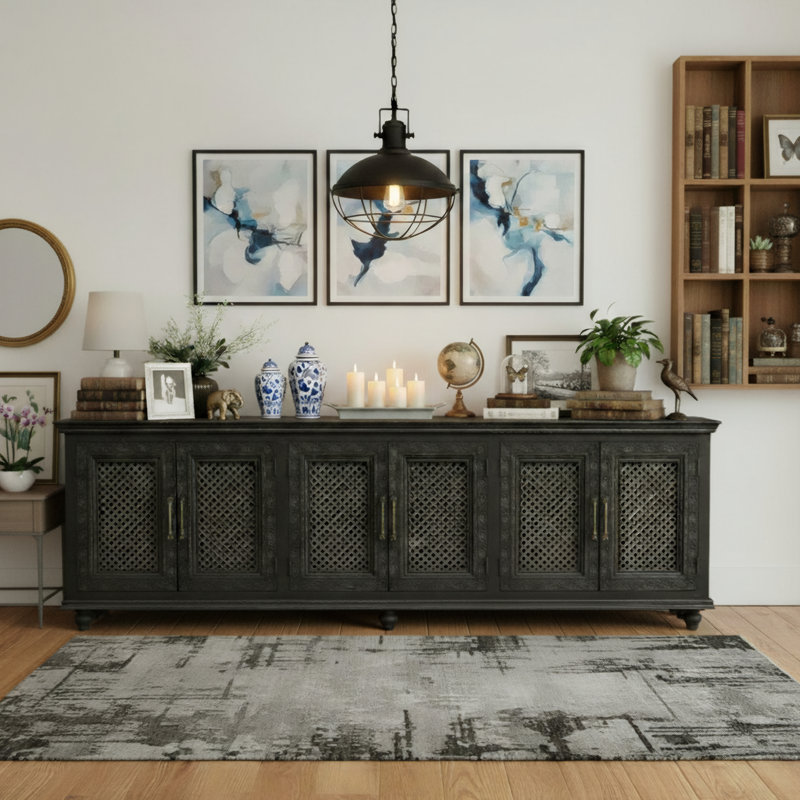 6-door Carved Solid Wood Sideboard, Black