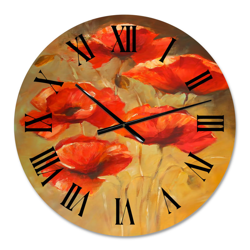 Vintage Blooming Poppies II - Horloge murale traditionnelle, Surdimensionné