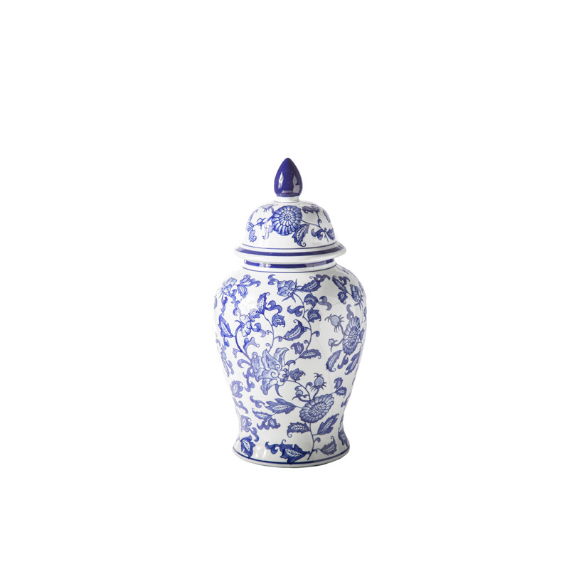 Pot à gingembre / temple en céramique à finition ronde en céramique - bleu et blanc - H 18,50 po