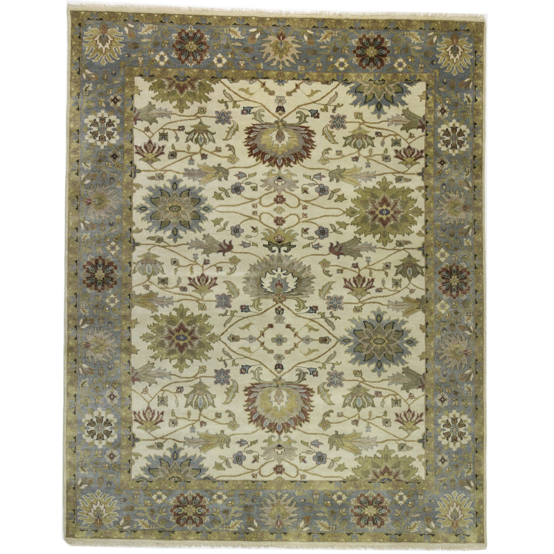Tapis crème en laine noué à la main floral 9 pi x 12 pi Floral