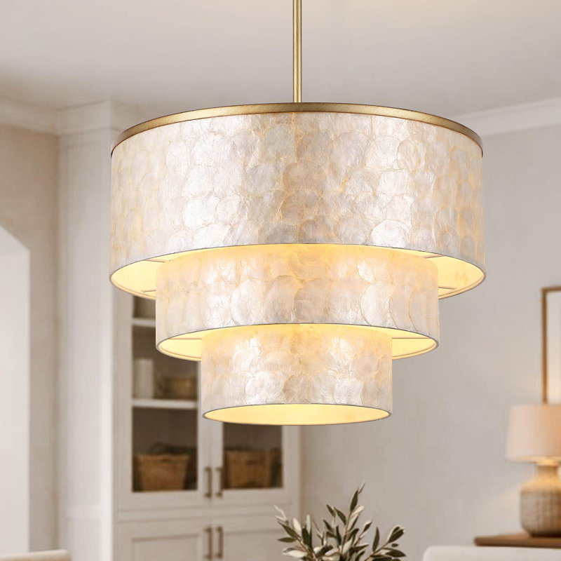 22" 5-Light Tiered Capiz Shell Drum Chandelier, 16" H x 22" W x 22" D, 2 Tiers