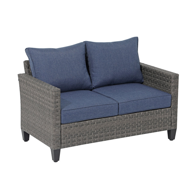 Causeuse d'extérieur en osier avec coussins, Structure grise / coussin bleu marine