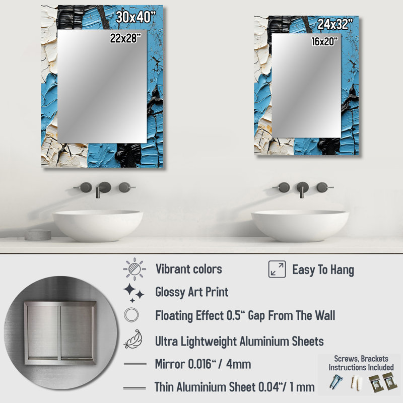 «Black and Blue Paint Stroke Fight», miroir décoratif de formes abstraites, grand miroir mural noir, impression d'art en métal