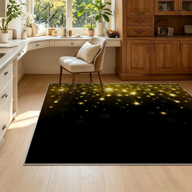 Black Gold Stars Star Award Night Anniversary Confetti Christmas Sky Machine Washable Indoor Area Rug, Rectangle 55" x 79"