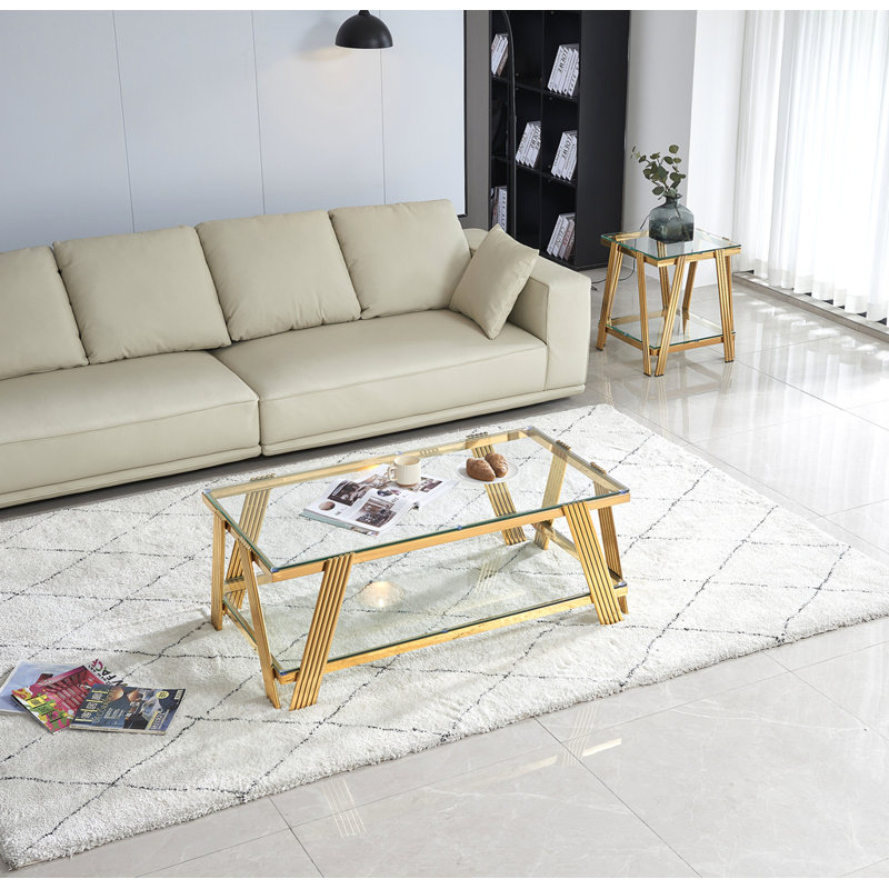 Ensemble de tables basses modernes en acier inoxydable (ensemble de 2), plateau de table en verre trempé transparent double couche, table basse et table d'appoint 2 pièces pour le bureau à domicile