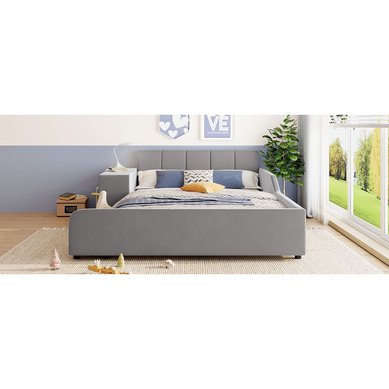 Lit tapissier à la terre, lit mère et enfant avec bureau de chevet et petit tabouret rond, velours, Lit double, Gris