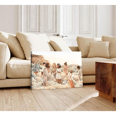 «Jesus with Children», art mural sur toile pour «This is the Kingdom», reproduction pour chambre d'enfant, chambre de bébé, Jésus-Christ avec bébé dans le jardin
