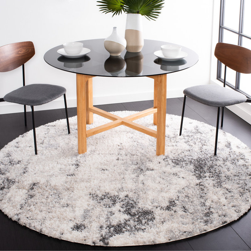 Tapis gris / ivoire à motif abstrait Mena, Rond 6 pi 7 po