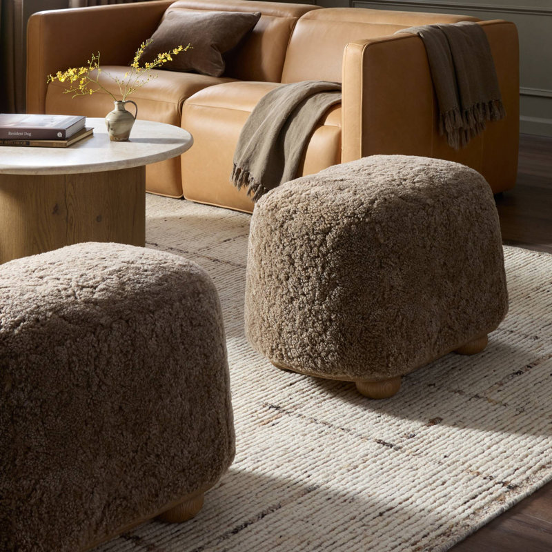 Bilbury Oval Ottoman-Taupe Shearling, Taupe Genuine Fur, Worrn Oak