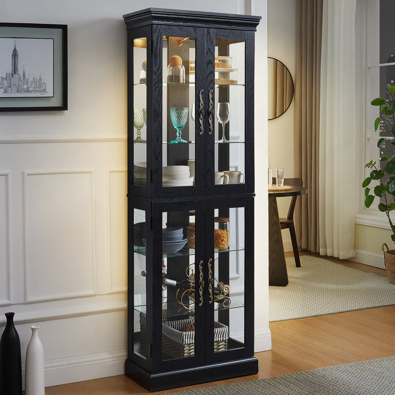 Élégante vitrine vitrée éclairée - Rangement à cadre en bois pour le salon, la cuisine et le garde-manger - Ampoule incluse - Idéal pour le vin, les jouets et les objets de collection - Noir