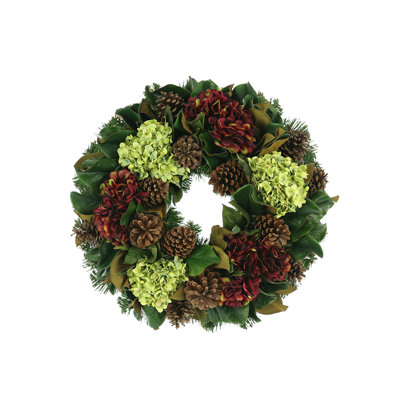 Evergreen Wreath With Mixed Hydrangeas And Pincones