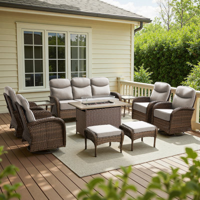 10-Piece Outdoor Wicker Garden Family Night Time Conversation Set With Swivel Chairs And Fire Pit Table