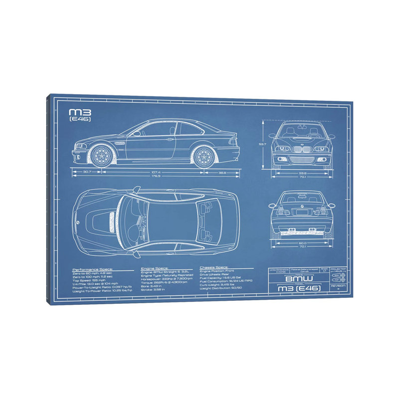 BMW M2 (E46) by Action Blueprints - Wrapped Canvas Gallery-Wrapped Canvas Giclée, 66.04 cm H x 45.72 cm W x 1.91 cm D, Blue