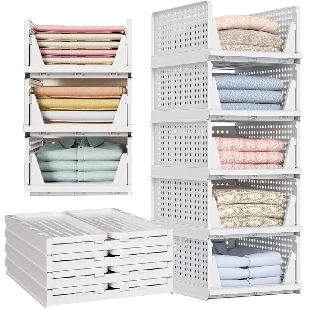5 Pack Wardrobe Storage Organiser Foldable Stackable Baskets