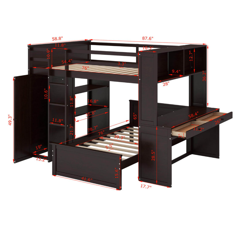 Lit mezzanine double avec lit autonome, bureau et garde-robe, Espresso