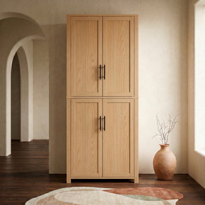  67" Tall Shaker Wooden Pantry Storage Cabinet with 4 Adjustable Shelves, Oak